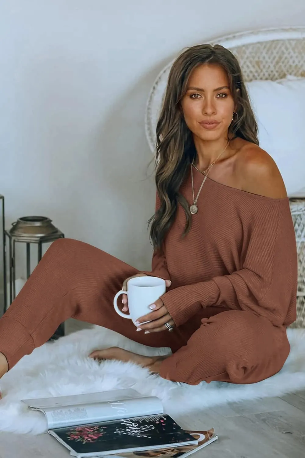 PRETTYGARDEN Women's 2 Piece Ribbed Tracksuit Outfits Off Shoulder Long Sleeve Pullover Lounge Pants with Pockets