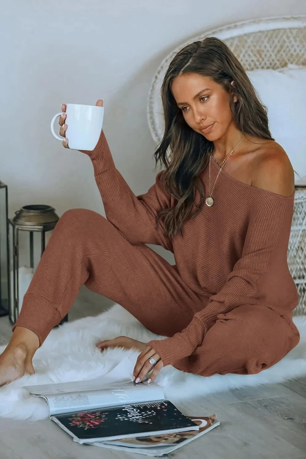 PRETTYGARDEN Women's 2 Piece Ribbed Tracksuit Outfits Off Shoulder Long Sleeve Pullover Lounge Pants with Pockets