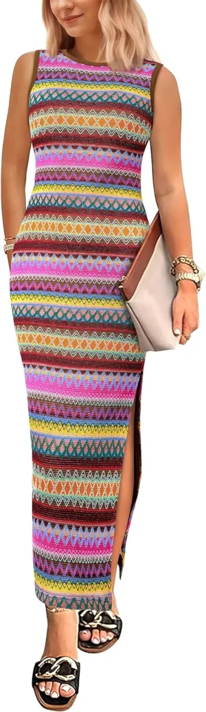PRETTYGARDEN Womens Maxi Tank Spring Dress Sleeveless Crew Neck Striped Side Slit Casual Long Bodycon Dresses