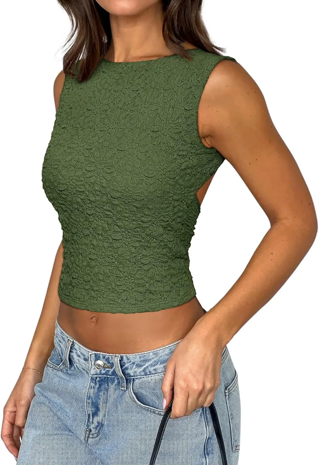 REORIA Women's Sexy Open Back High Neck Sleeveless Tank Top Y2k Lace Twist Backless Crop Tops