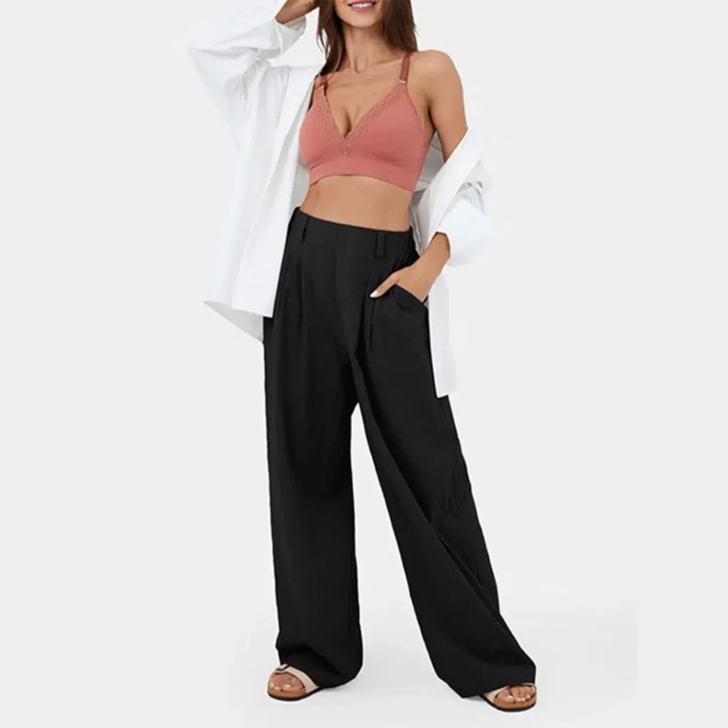 sandbank Women's High-Waisted Wide Leg Cotton Pants Casual Loose Fitted Palazzo Pants 2024 Summer Beach Vacation Wear
