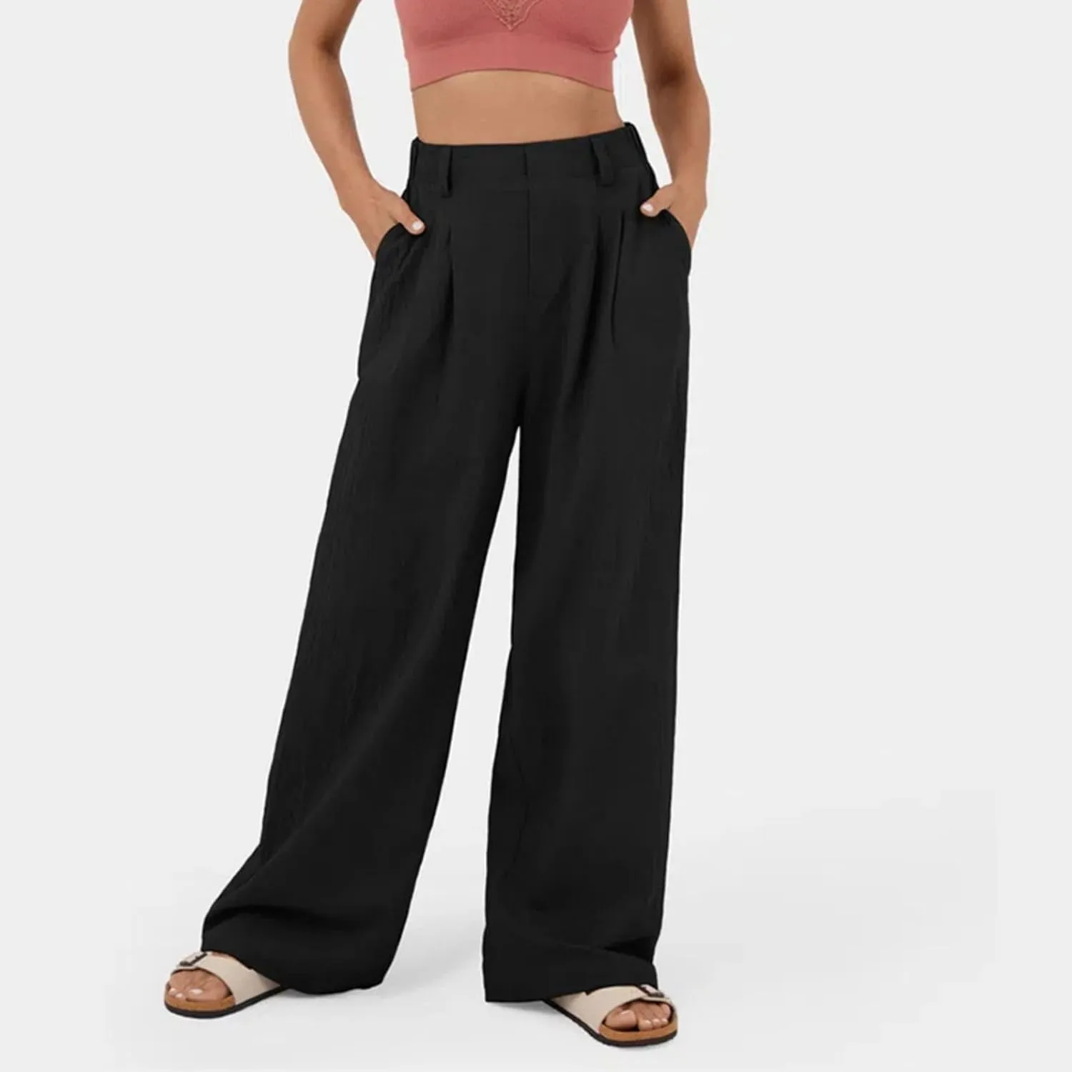 sandbank Women's High-Waisted Wide Leg Cotton Pants Casual Loose Fitted Palazzo Pants 2024 Summer Beach Vacation Wear