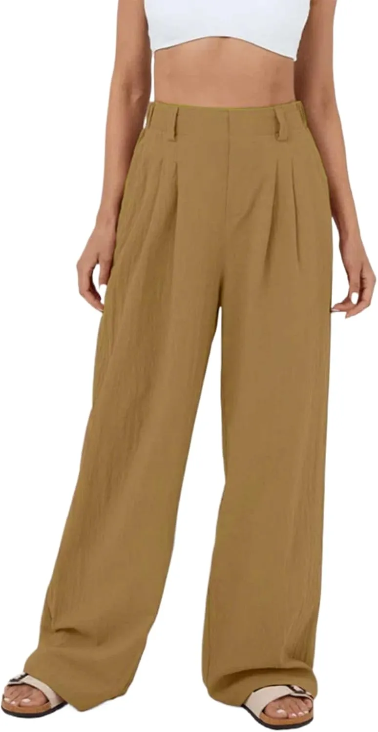 sandbank Women's High-Waisted Wide Leg Cotton Pants Casual Loose Fitted Palazzo Pants 2024 Summer Beach Vacation Wear
