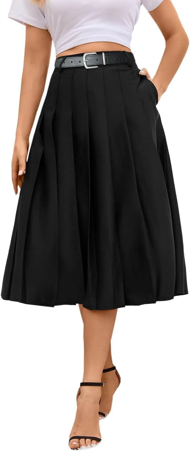 SANGTREE Women's Girls A-Line Long Pleated High Waist Fashion Skirt, School Uniform Cosplay