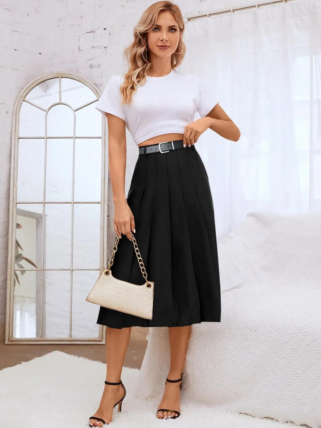 SANGTREE Women's Girls A-Line Long Pleated High Waist Fashion Skirt, School Uniform Cosplay