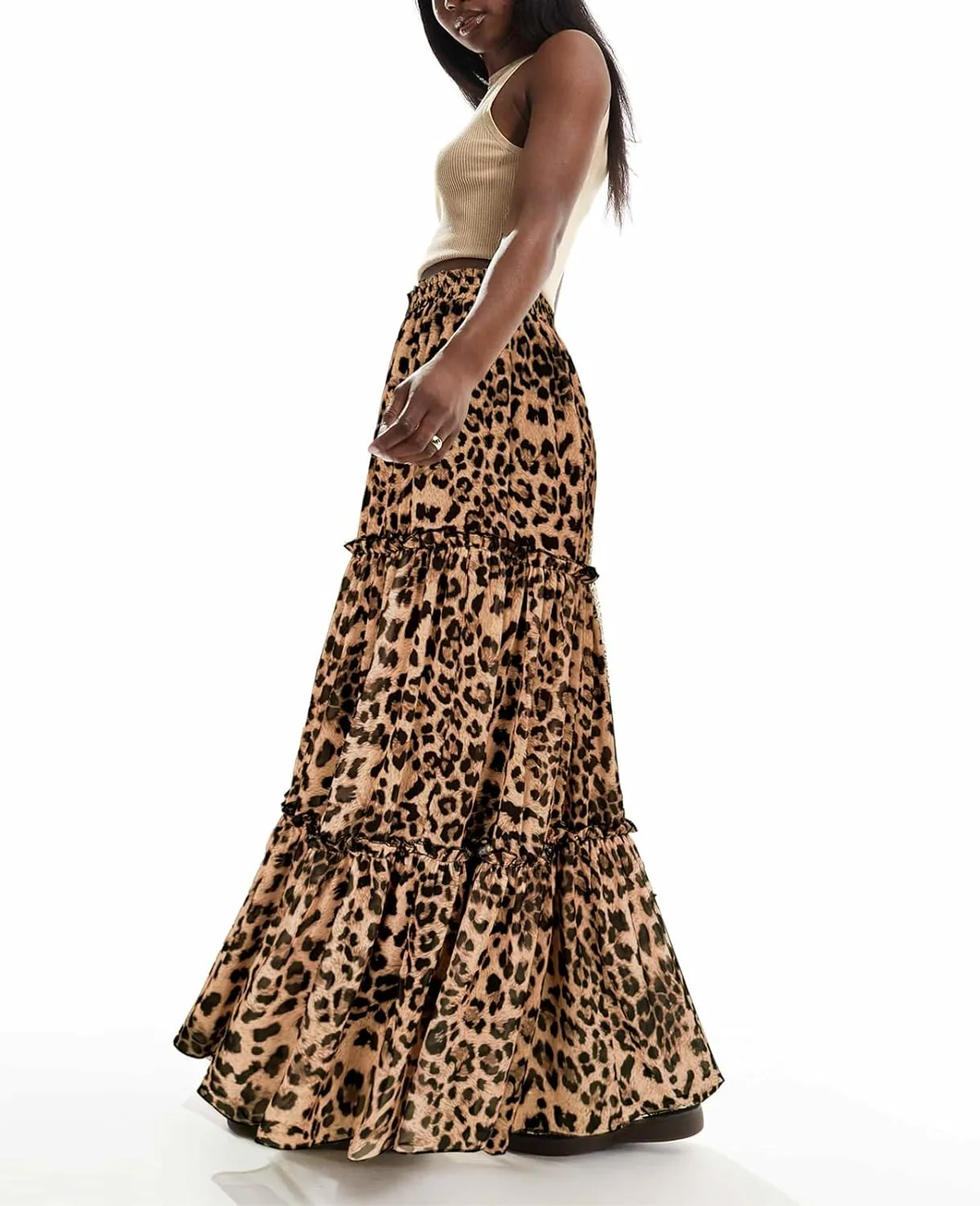 SEBOWEL Womens Leopard Print Long Skirt Cheetah Chiffon Tiered Ruffle Maxi Skirt Pleated A-Line Swing Beach Long Skirts