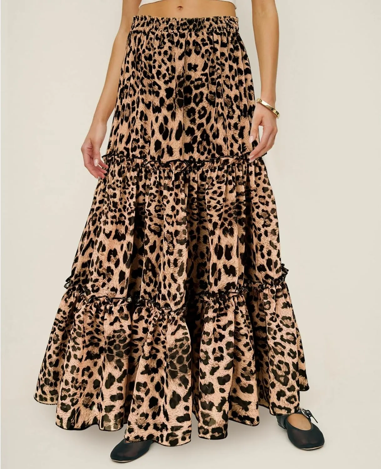 SEBOWEL Womens Leopard Print Long Skirt Cheetah Chiffon Tiered Ruffle Maxi Skirt Pleated A-Line Swing Beach Long Skirts