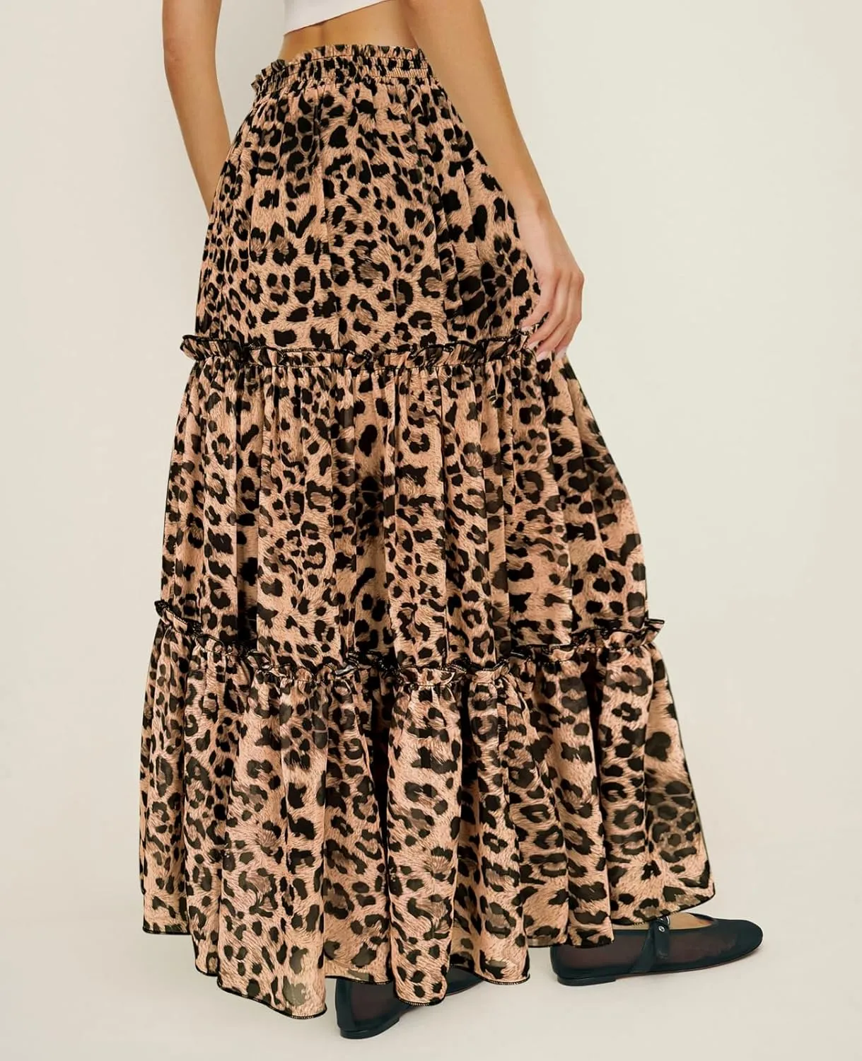 SEBOWEL Womens Leopard Print Long Skirt Cheetah Chiffon Tiered Ruffle Maxi Skirt Pleated A-Line Swing Beach Long Skirts