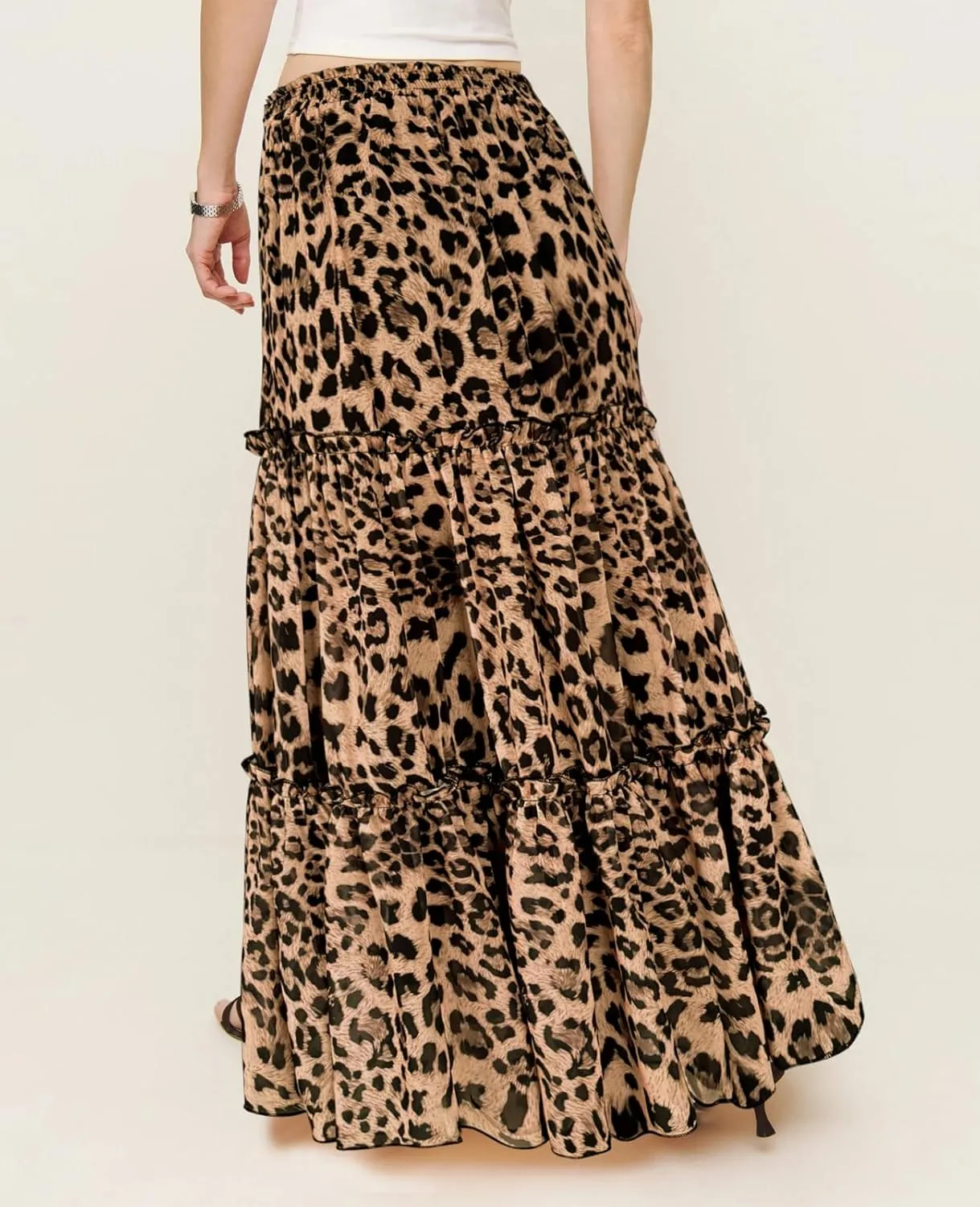 SEBOWEL Womens Leopard Print Long Skirt Cheetah Chiffon Tiered Ruffle Maxi Skirt Pleated A-Line Swing Beach Long Skirts