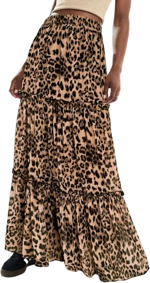 SEBOWEL Womens Leopard Print Long Skirt Cheetah Chiffon Tiered Ruffle Maxi Skirt Pleated A-Line Swing Beach Long Skirts