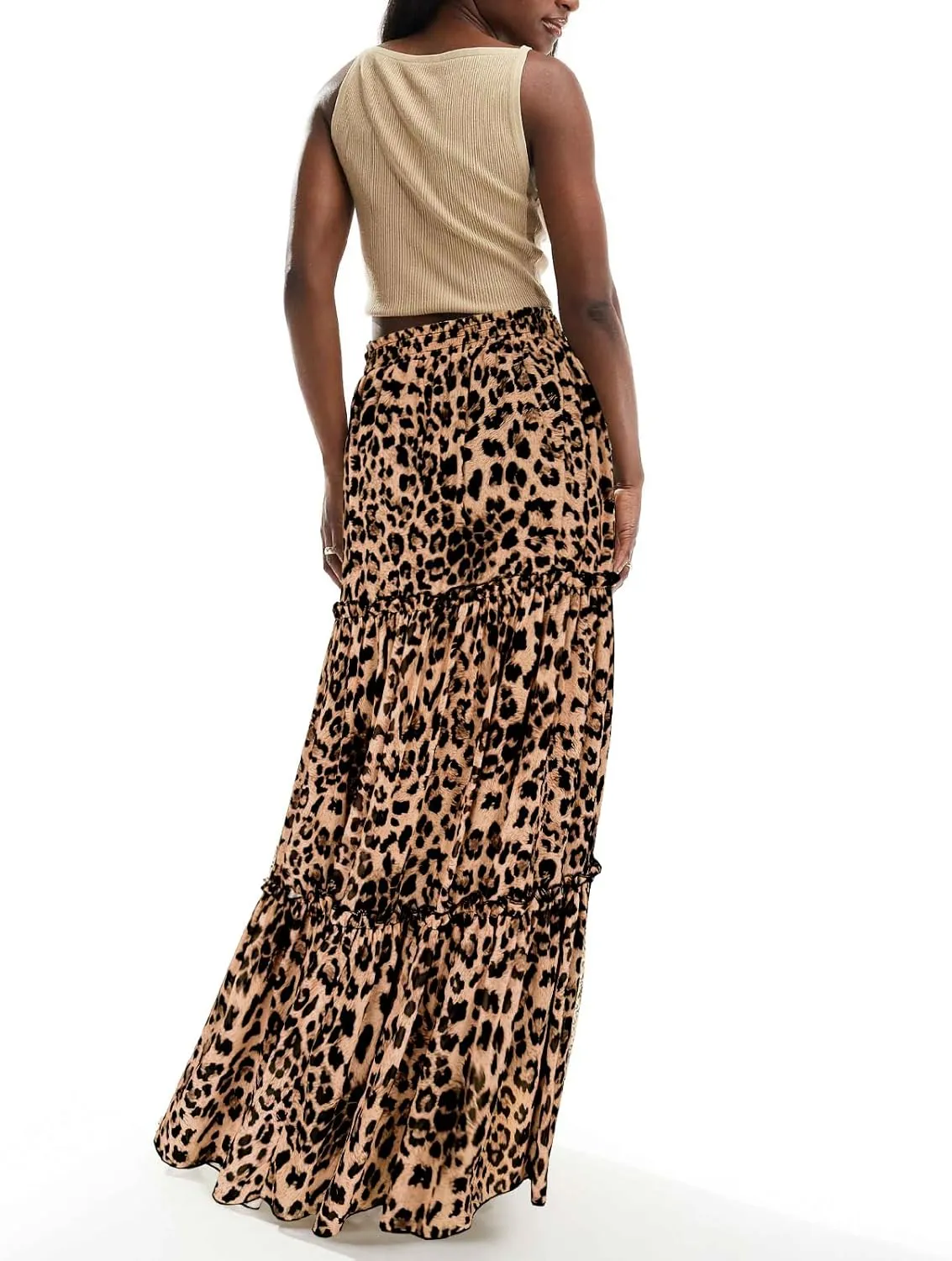 SEBOWEL Womens Leopard Print Long Skirt Cheetah Chiffon Tiered Ruffle Maxi Skirt Pleated A-Line Swing Beach Long Skirts