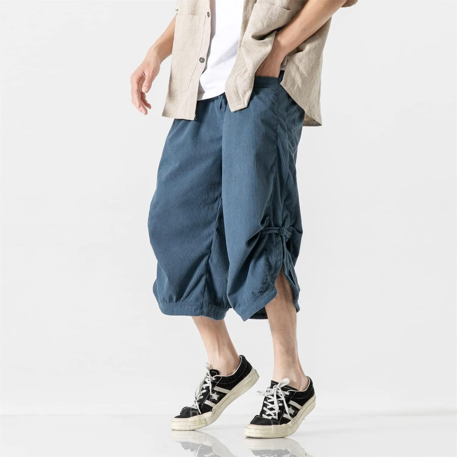Seidarise Men's Harem Capri Pants, Wide Leg Mens Capris, Summer Linen Pants