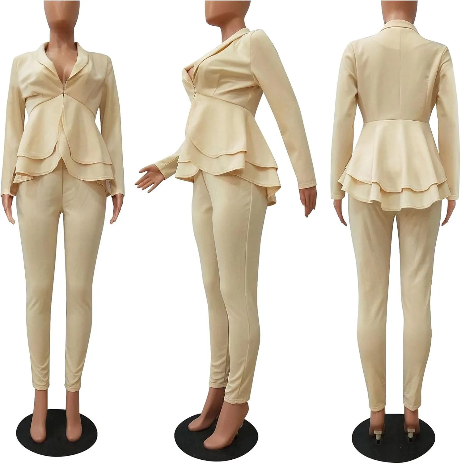 Sexyshine Women's 2 Piece Pants and Blazer Sets Long Sleeve Ruffle Hem Peplum Blazer and Bodycon Long Pants Outfits