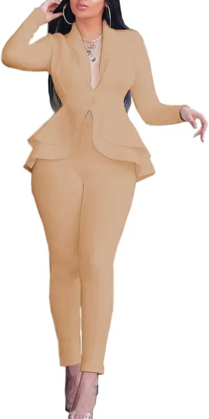 Sexyshine Women's 2 Piece Pants and Blazer Sets Long Sleeve Ruffle Hem Peplum Blazer and Bodycon Long Pants Outfits