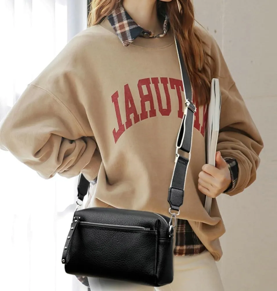 Small Crossbody Shoulder Bags for Women Triple Zip Phone Purse PU Leather Handbag Soft Satchel with Wide Strap