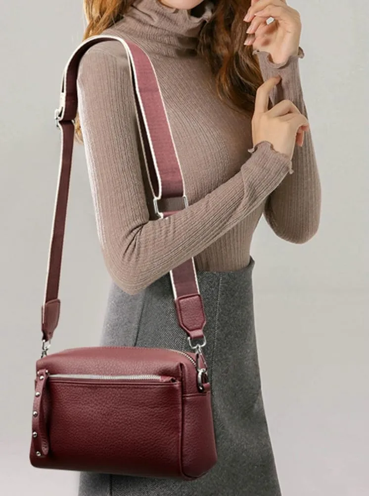 Small Crossbody Shoulder Bags for Women Triple Zip Phone Purse PU Leather Handbag Soft Satchel with Wide Strap