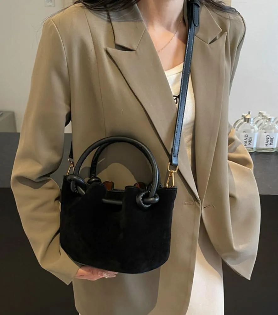 Small Shoulder Crossbody Purse for Women Suede Bucket Tote Bag 2024 Fall Purse Retro Suede Handbag Satchel 2pcs