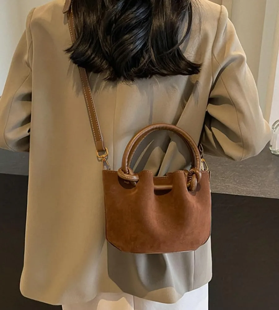Small Shoulder Crossbody Purse for Women Suede Bucket Tote Bag 2024 Fall Purse Retro Suede Handbag Satchel 2pcs