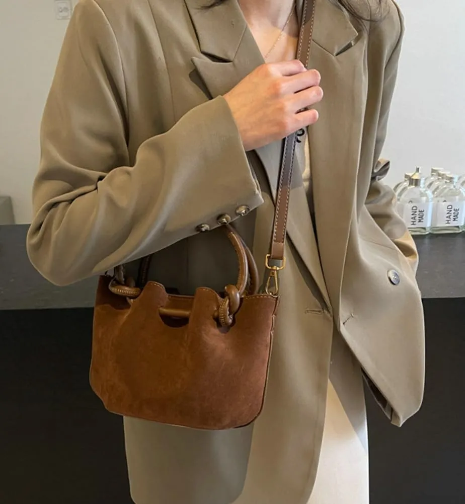 Small Shoulder Crossbody Purse for Women Suede Bucket Tote Bag 2024 Fall Purse Retro Suede Handbag Satchel 2pcs