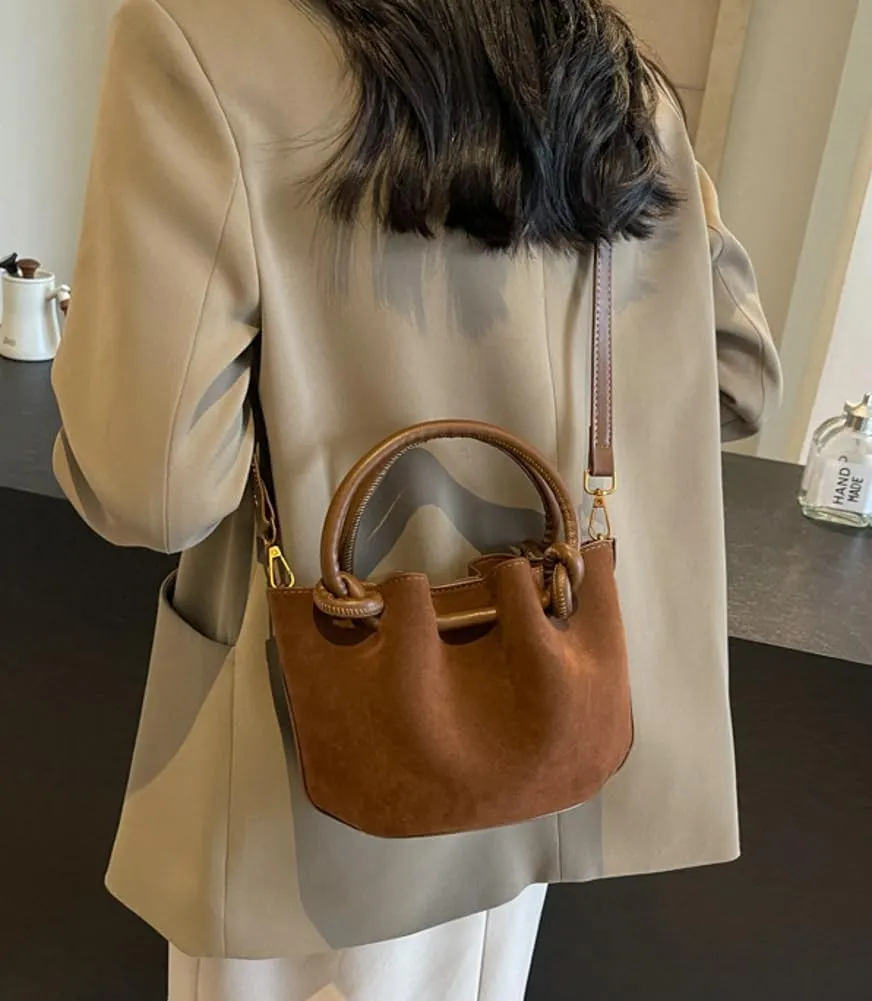 Small Shoulder Crossbody Purse for Women Suede Bucket Tote Bag 2024 Fall Purse Retro Suede Handbag Satchel 2pcs