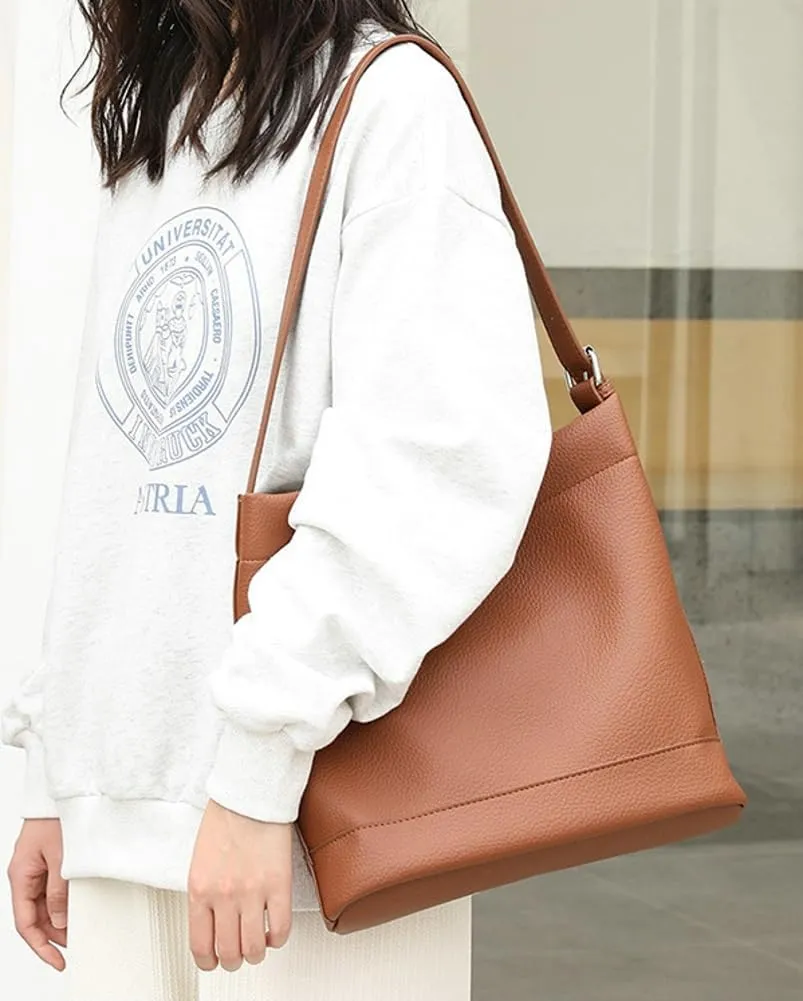 Soft Vegan Leather Bucket Shoulder Tote Bags for Women Casual Crossbody Purse Ladies Working Top Handle Satchel 2pcs