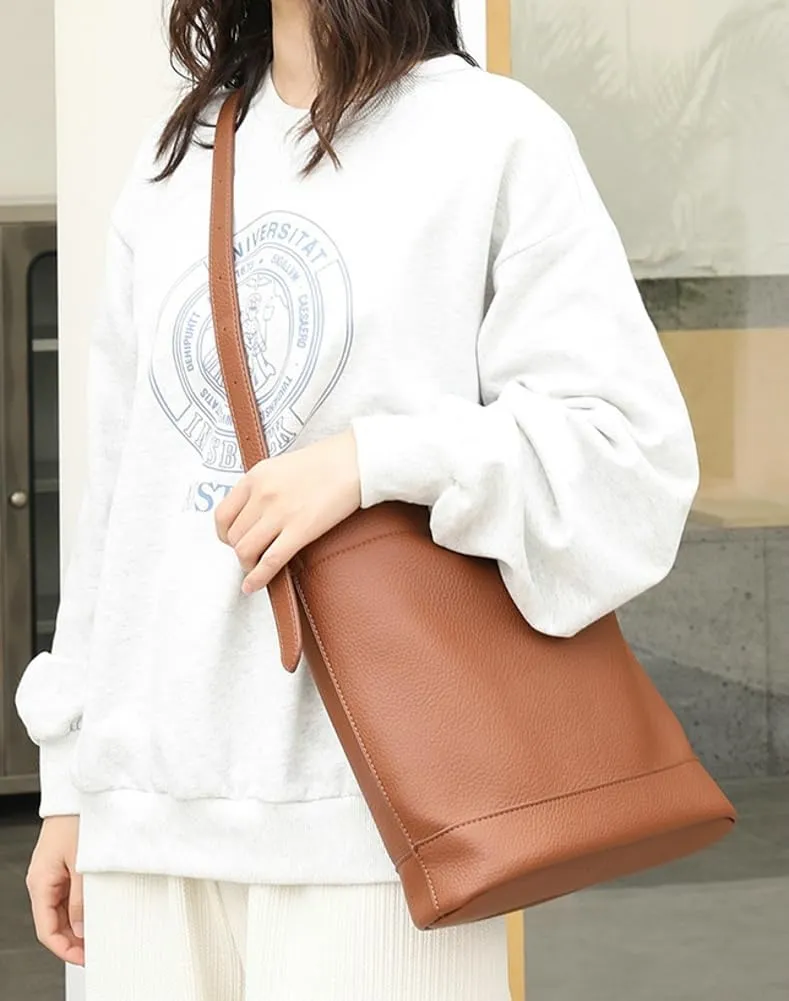 Soft Vegan Leather Bucket Shoulder Tote Bags for Women Casual Crossbody Purse Ladies Working Top Handle Satchel 2pcs