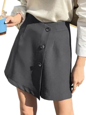 Solid Button Front Wide Leg Skort Wrap Fall Womens Short Pants, X-Large, Grey