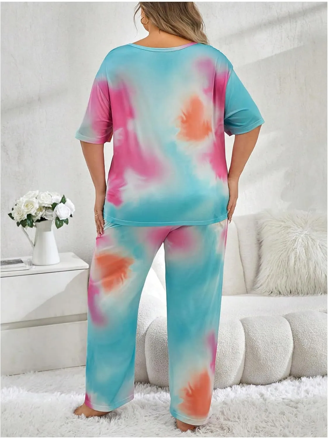 SOLY HUX Women's Plus Size Pajama Set Tie Dye Short Sleeve T Shirt and Pants Lounge Set 2 Piece Sleepwear