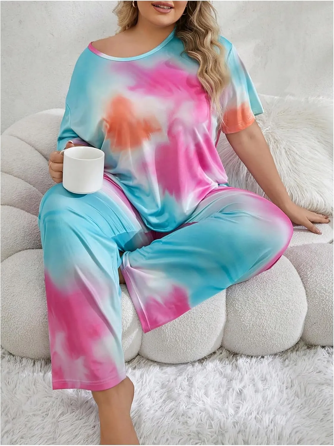 SOLY HUX Women's Plus Size Pajama Set Tie Dye Short Sleeve T Shirt and Pants Lounge Set 2 Piece Sleepwear