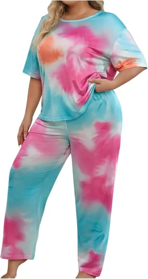 SOLY HUX Women's Plus Size Pajama Set Tie Dye Short Sleeve T Shirt and Pants Lounge Set 2 Piece Sleepwear