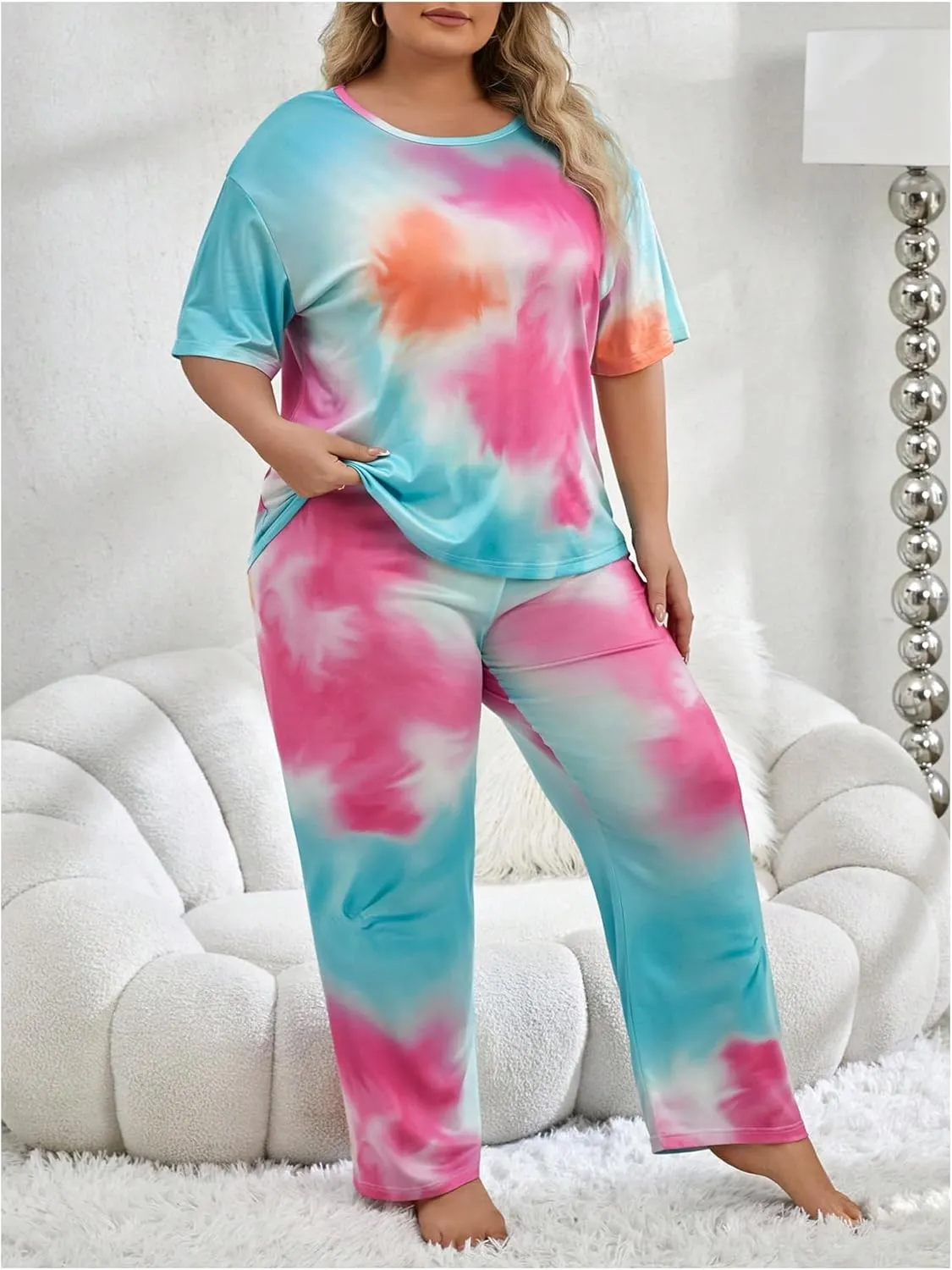 SOLY HUX Women's Plus Size Pajama Set Tie Dye Short Sleeve T Shirt and Pants Lounge Set 2 Piece Sleepwear