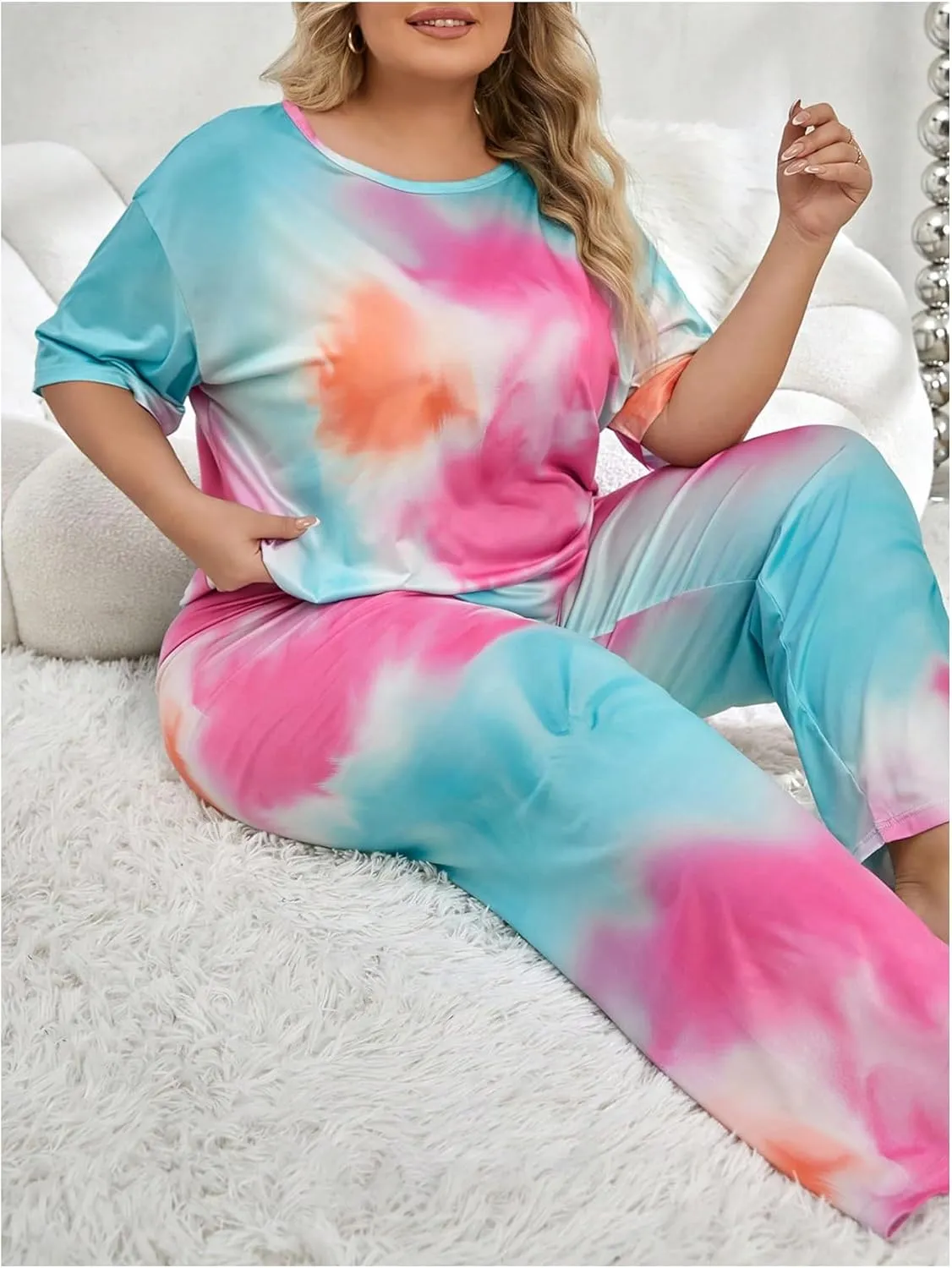 SOLY HUX Women's Plus Size Pajama Set Tie Dye Short Sleeve T Shirt and Pants Lounge Set 2 Piece Sleepwear
