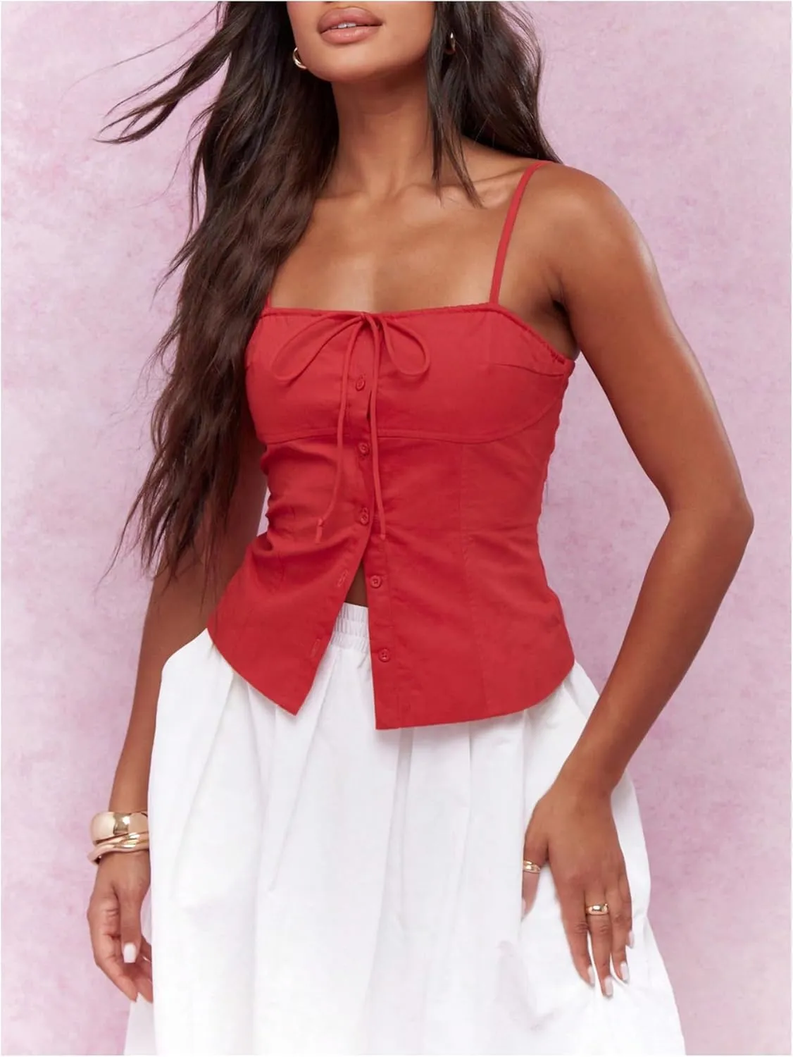 SOLY HUX Women's Tie Front Button Down Cami Top Y2k Spaghetti Strap Bustier Corset Tops Camisole