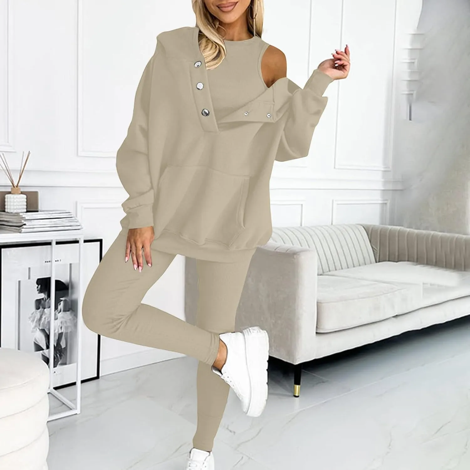 Sweatsuit Set for Women 3 Piece Oversized Outfits Button Hoodie Pullover and Tank Top Long Pants Matching Lounge Sets