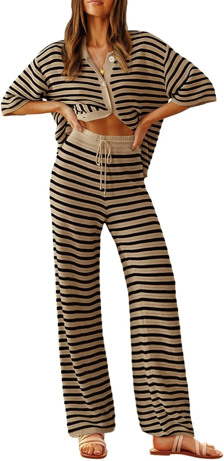 Tankaneo Womens Knit 2 Piece Lounge Sets Striped Short Sleeve Tops and Wide Leg Pants Travel Airport Vacation Outfits