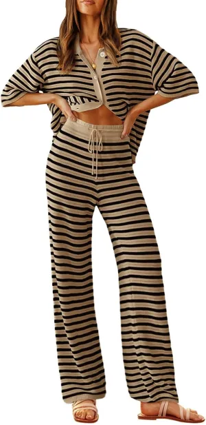 Tankaneo Womens Knit 2 Piece Lounge Sets Striped Short Sleeve Tops and Wide Leg Pants Travel Airport Vacation Outfits