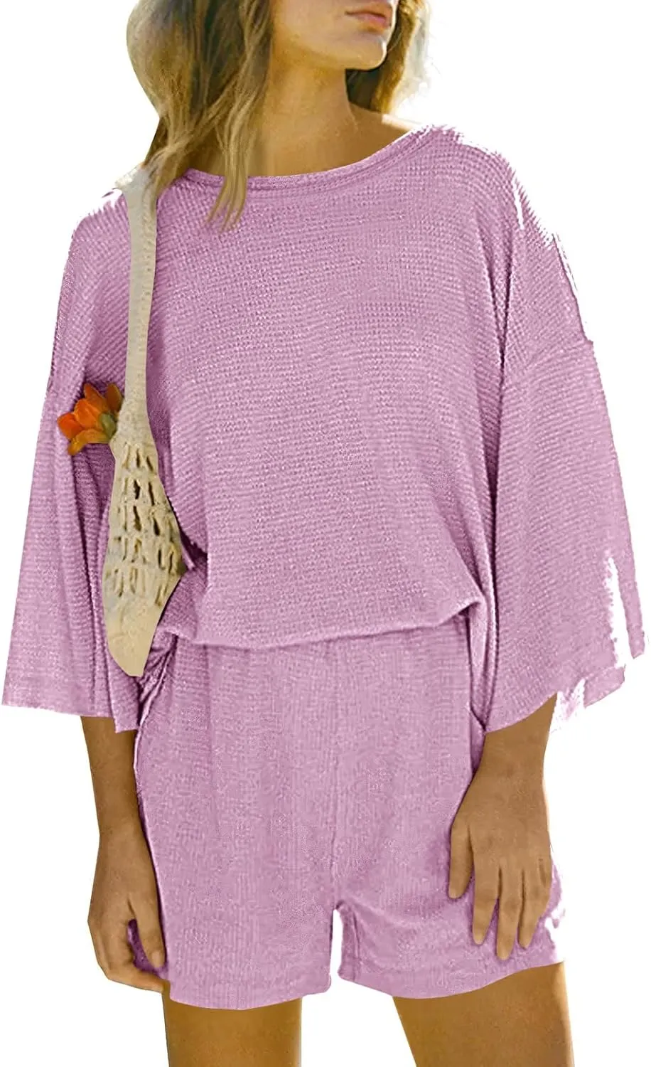 Tankaneo Womens Short Sets 2 Piece Outfits 3/4 Sleeve Tops and Elastic Waist Shorts Lounge Set Casual Loungewear