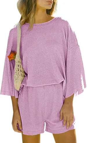 Tankaneo Womens Short Sets 2 Piece Outfits 3/4 Sleeve Tops and Elastic Waist Shorts Lounge Set Casual Loungewear