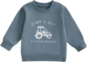 Toddler Baby Boy Crewneck Sweatshirt Tractor Letter Long Sleeve Pullover Tops Fall Winter Outfits Casual Clothes