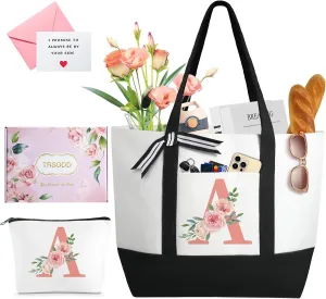 TRSODD Gifts for Women Mothers Day Gifts for Mom Monogram Large Tote Bag and Makeup Bag Birthday Gifts for Women Wife Grandma Daughter Sister Friends A