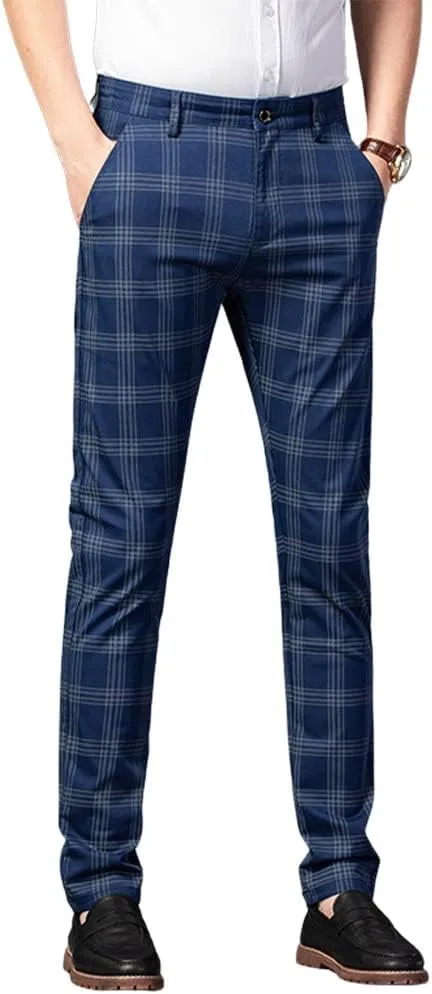 utcoco Men Casual Plaid Slim Fit Straight Stretch Dress Pants