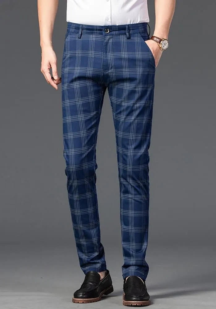 utcoco Men Casual Plaid Slim Fit Straight Stretch Dress Pants