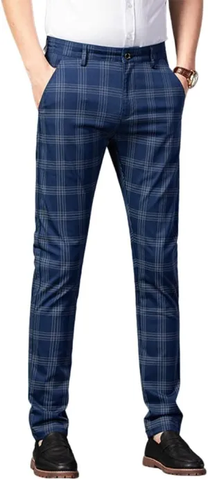 utcoco Men Casual Plaid Slim Fit Straight Stretch Dress Pants