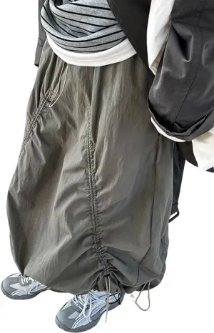 utcoco Women Casual Baggy Drawstring Parachute Skirt Lightweight Comfy Shirried Cargo Maxi Long Skirts with Pockets
