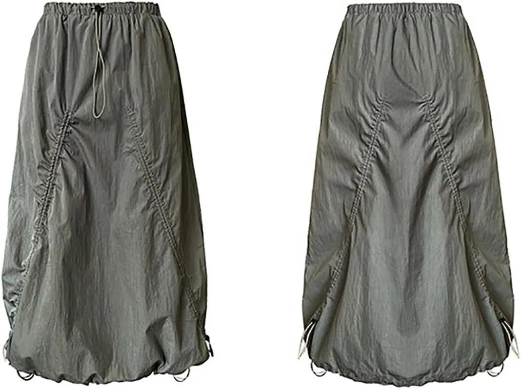 utcoco Women Casual Baggy Drawstring Parachute Skirt Lightweight Comfy Shirried Cargo Maxi Long Skirts with Pockets