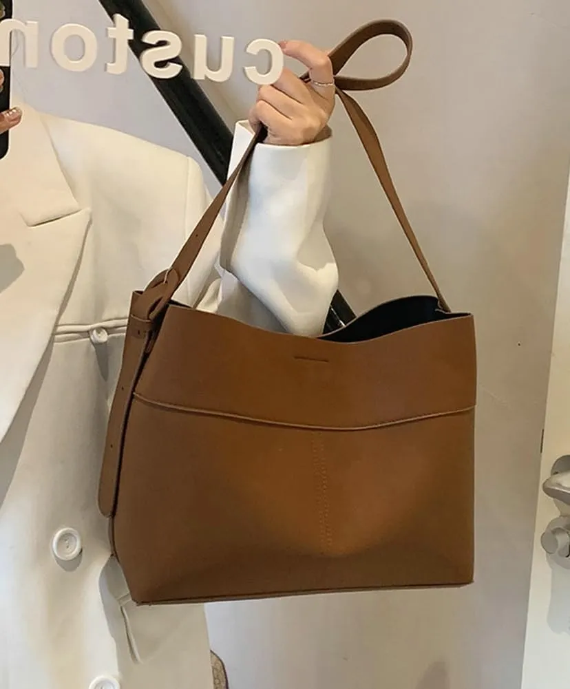 Vegan Leather Bucket Tote Bag for Women Large Soft Shoulder Crossbody Purse Casual Working Handbag Adjustable Satchel