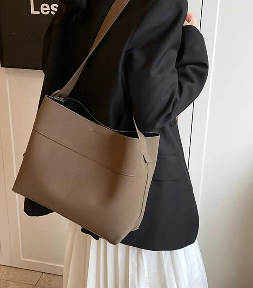 Vegan Leather Bucket Tote Bag for Women Large Soft Shoulder Crossbody Purse Casual Working Handbag Adjustable Satchel