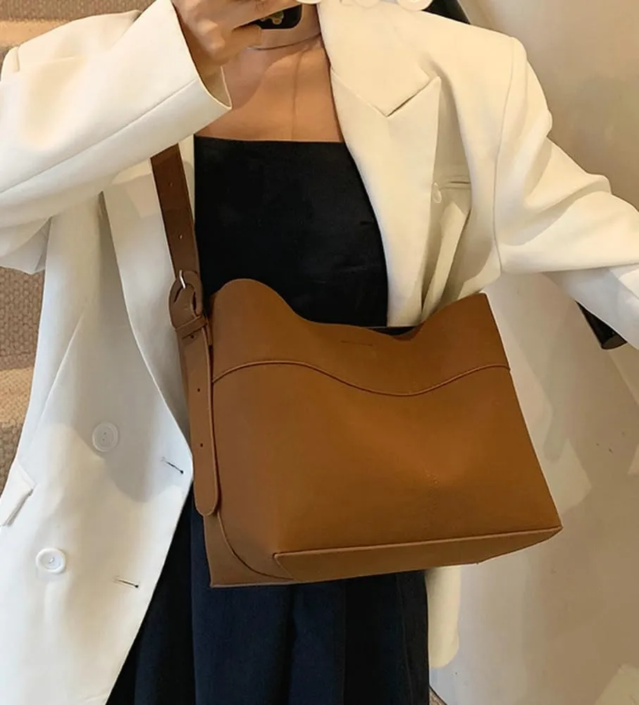 Vegan Leather Bucket Tote Bag for Women Large Soft Shoulder Crossbody Purse Casual Working Handbag Adjustable Satchel