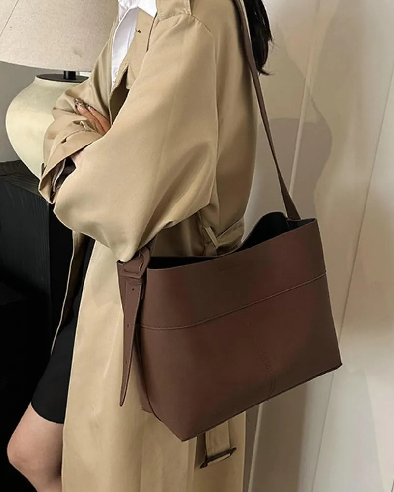 Vegan Leather Bucket Tote Bag for Women Large Soft Shoulder Crossbody Purse Casual Working Handbag Adjustable Satchel