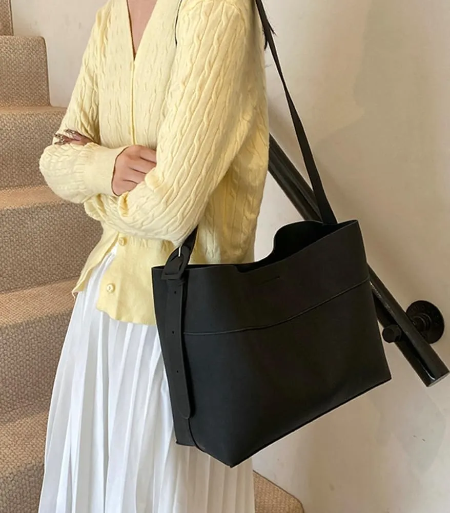 Vegan Leather Bucket Tote Bag for Women Large Soft Shoulder Crossbody Purse Casual Working Handbag Adjustable Satchel